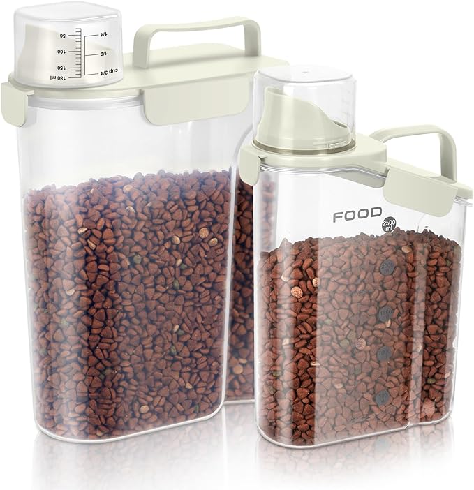 Dog Food Storage Container, Upgraded Large Nozzle BPA-free, 8-12 LBS Plastic Pet Food Storage Containers, With 4 Sealed Clasps, 1 Measuring Cup and Handle (2, Beige (3L+5L), (3L+5L))