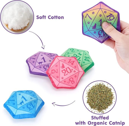 CiyvoLyeen D20 Dice Catnip Toy, DND Interactive Cat Toy Gifts for Role Playing Tabletop Game Soft Plush Funny Cute Kitten Teething Chew Pet Supplies Cat Lover Witchy Gift Idea Dnd Accessories Set of 5