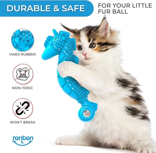 Ronton Cat Toothbrush Catnip Toy - Durable Hard Rubber - Cat Dental Care, Cat Interactive Toothbrush Chew Toy (1 Pack_Seahorse)