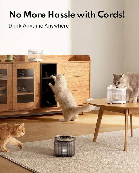 Homerunpet Cordless Cat Water Fountain, 7800mAh Battery, 30-Day Runtime, Easy-Clean Detachable Design, Transparent Tank, Motion Sensor, Black
