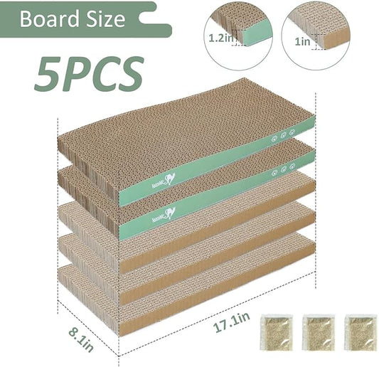 MECOOL Cat Scratching Board,5PC Cat Scratch Pad with Box,Reversible Corrugated Cat Scratcher Cardboard and Lounge Bed for Indoor Cats, Catnip