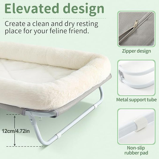 Sunhoo Elevated Cat Bed Foldable Raised Pet Hammock Self-Supporting Puppy Lounger with Off Floor Metal Frame Washable Cover for Small Dog Kitten Indoor Use 25.2x15.75x7.48 in (White)