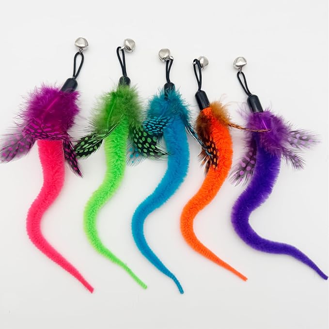 Cat Wand Replacement Feather Worm Snake, 10 Pieces Cat Wand Attachments Assorted Snakes Worms Feathers Refill Toy for Indoor Cats (A)