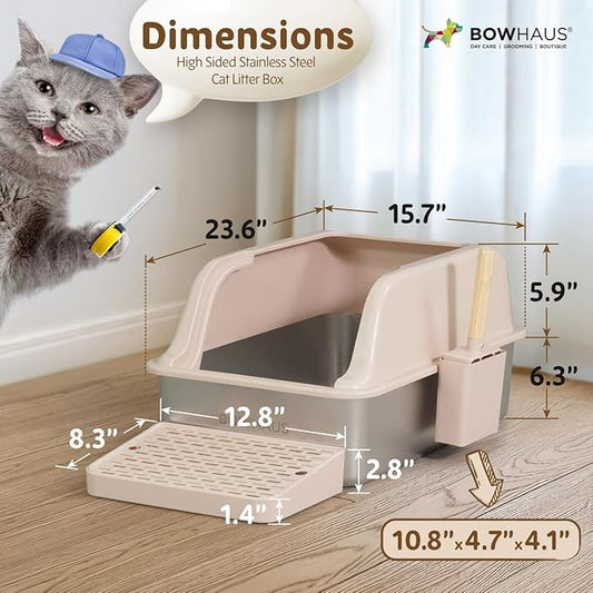 XL Enclosed Stainless Steel Cat Litter Box with Lid, High Sided Metal Litter Box w/Scoop, Enclosed Extra Large Metal Litter Box, Odorless Steel Litter Pan, Anti-Leakage & Easy Clean, Beige