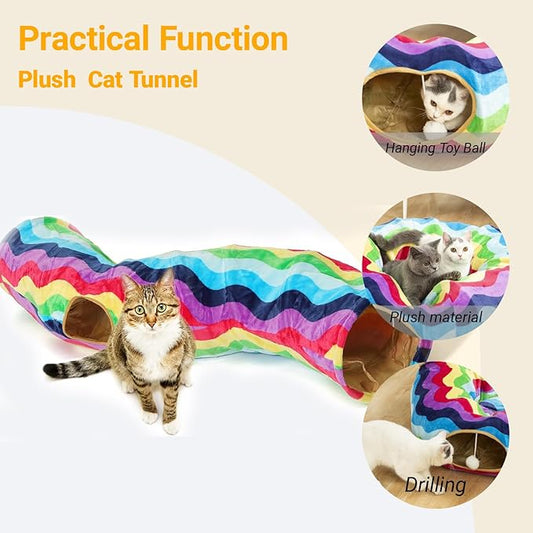 LUCKITTY Cat Tunnel - S-Shaped, Rainbow Wave Color, Soft Velvet Exterior, Oxford Fabric Fog-Proof Interior, Plush Toy Ball, Easily Washable, Conveniently Foldable, 47.2in/120cm