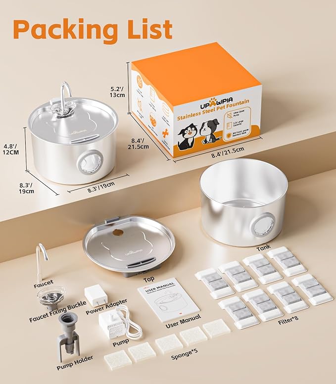 Cat Water Fountain Stainless Steel 108oz/3.2L with 13 Filters Automatic Pet Water Fountain for Cats/Dogs Indoor Ultra Quiet Metal Cat Fountains for Drinking Kitty Watering Supplies for Animals