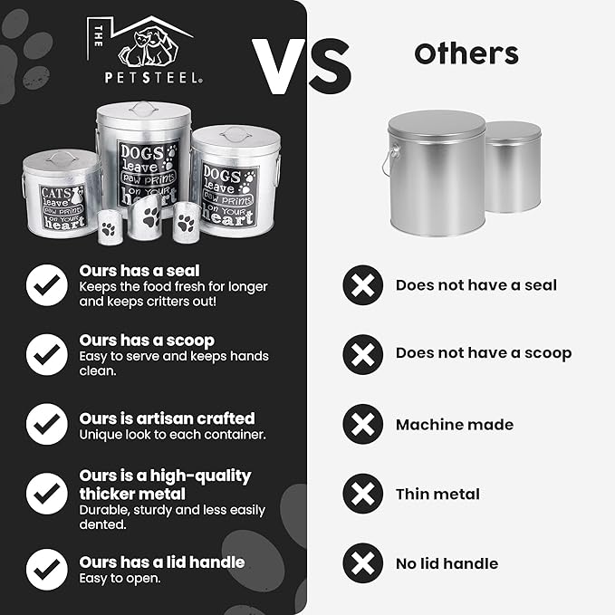 Silver 20lb Cat Food Storage with Scoop | Pet Container for food that can fit in the pantry | Modern Beautiful Cat Pet Food Storage Container