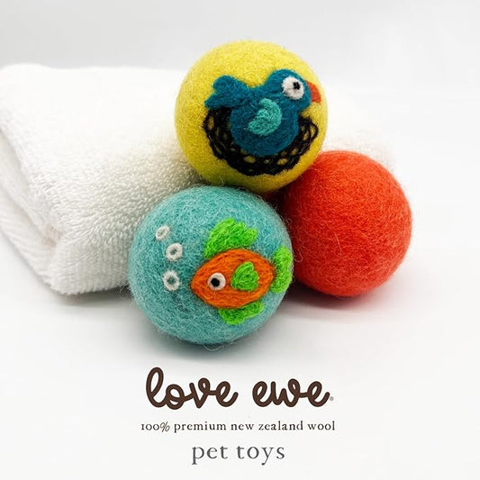Hustle & Blush Wool Felt Balls 3 Pack Love Ewe Pet Supplies - 2in Cat Toys, 100% New Zealand Wool, Handmade Colorful Balls for Cats - Fish and Bird