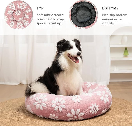 Donut Dog Beds for Medium Dogs, Calming Round Cat Beds for Indoor Cats, Cute 3D Textured Flower Pet Bed with Removable Washable Cover and Anti-Slip Bottom(Pink,30")