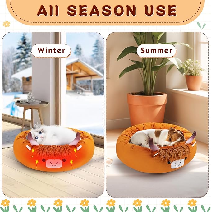Highland Cow Heated Cat Bed - Cute Round Dog Bed, Warming Pet Bed for Indoor Cats & Small Dogs, Washable Calming Nest with Heating Pad & Timer, Cow Pet Heating Pad for Cats and Dogs
