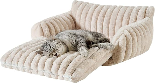 Hollypet Cat Bed Fluffy Plush Mutifuctional Double-Layer Soft Pet Couch Orthopedic Sofa Nest Beds for Small Cats and Dogs, Cream (21x15x8 inch)