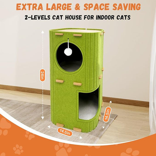 Homegroove Cat House for Indoor Cats, 2-Storey Cozy Felt Cat Bed Cave with Tunnel Hideaway, Large Multi-Cat Condo for Rest & Play (Green, Large)