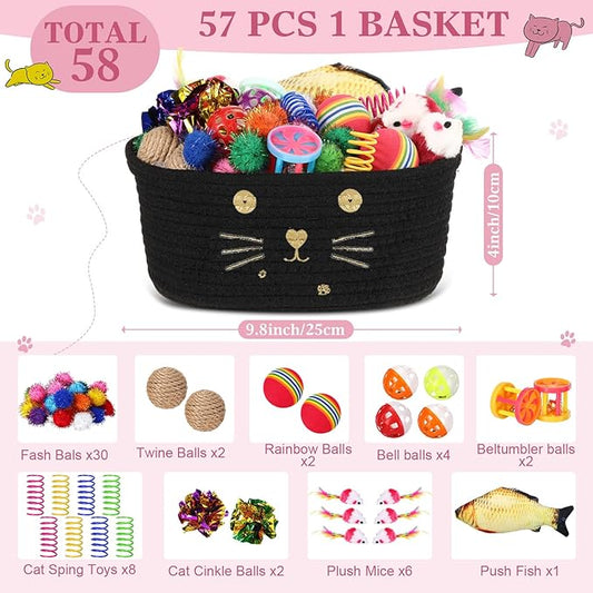 Zopeal 58 Pcs Cat Storage Basket Gift Toys Set, Colorful Flashing Balls Pet Bell Crinkle Balls Spring Toys Attract Cat to Swat, Bite, Hunt, Interactive for Pet(Black,9.8 Inch)
