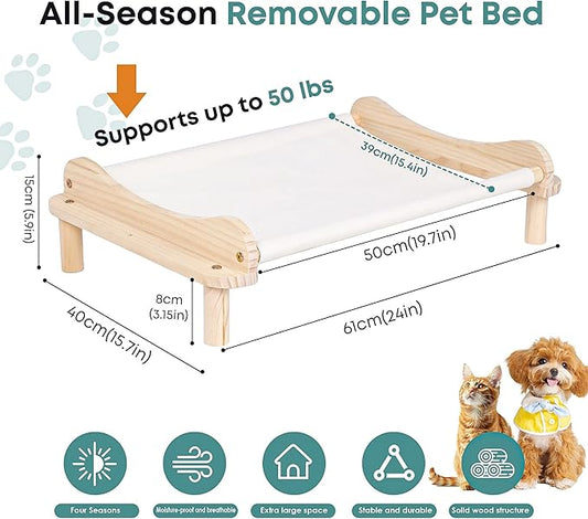 Elevated Wooden Cat Bed – 24"x15.7"x5.9" Breathable Hammock Pet Bed for Indoor/Outdoor Use, Raised Dog Lounger for Small Pets Like Kittens, Puppies, Rabbits, and Bunnies(White-1)