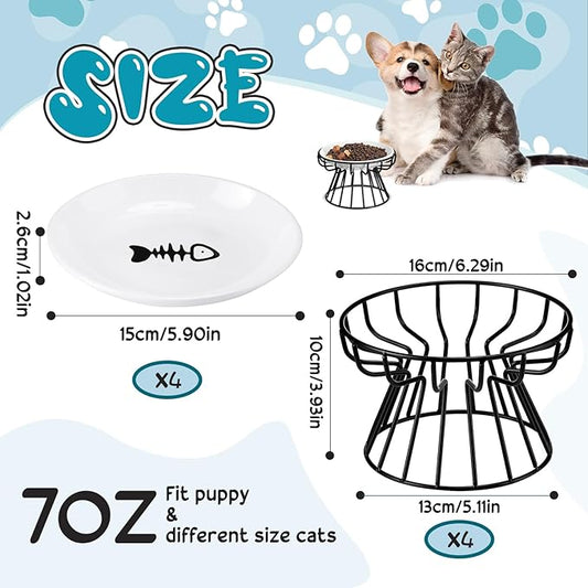 Roshtia 4 Sets Elevated Cat Bowls Ceramic Raised Cat Food Bowls with Metal Stand Dishwasher Safe Dishes Non Slip Elevated Food Plate(Black,Fishbone)