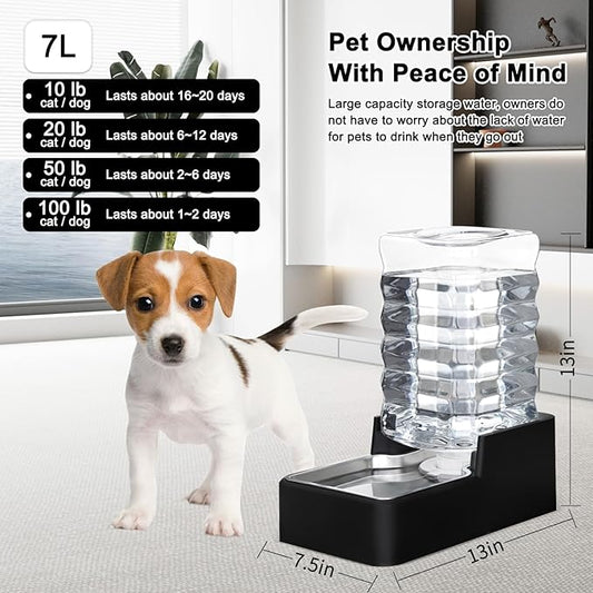 RIZZARI Stainless Steel Pet Water Feeder: 7L Automatic Leak-Proof Gravity Dispenser for Cats Dogs Indoor Outdoor Use(Black with Filter,7L)