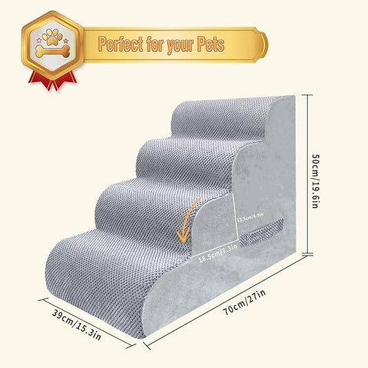 PAWSCART Dog Stairs for Small Dogs and Cats, 4-Step Dog Steps for Bed, 19.6" H Pet Stairs for High Bed, Pet Ramp for Couch, Sofa, Non-Slip Surface Removable Washable Cover, LightGrey