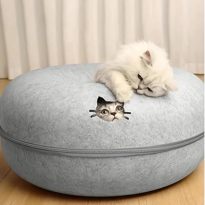 Donut Cat Tunnel Bed Peekaboo Cat Cave for Large Cats Up to 30 Lbs, Kitty Interactive Playing Tent House for Multiple Cats,Detachable,Scratch Resistant (Light Gray, Large - 24 Inch Diameter)