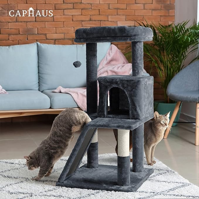 CAPHAUS Cat Tower for Indoor Cats, Modern Cute 37-Inch Small Cat Tree with Widened Perch for Large Cats Kittens, Multi-Level Cat Activity Tree with Scratching Posts and Ramp, 2-Door Cat Cave Condo