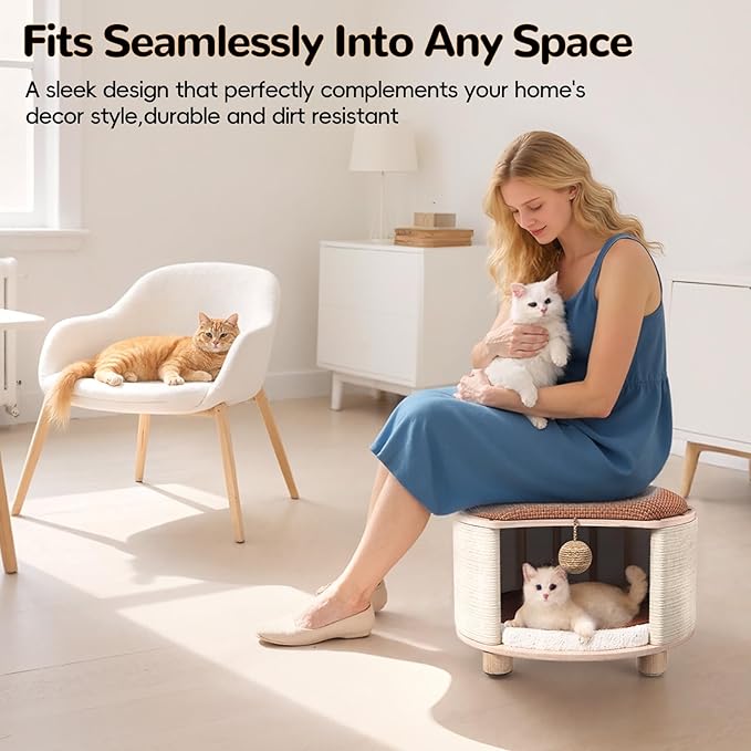 Solid Wood Cats House Stool, 300-lb Capacity. Large Cat Bed Cave for Indoor Cats & Humans. Cat Toy Ball, Removable Scratching Pad, Fleece Blanket. Suitable for Pets Under 20 lbs. 15.7"x15.7"x10.6"