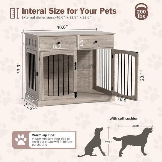 40 Inch Furniture-Style Dog Crate-Multipurpose Wood Pet Crate Furniture with Double Doors,2 Drawers, Decorative Dog House Indoor for Smal/Medium Dogs, Gray Finish