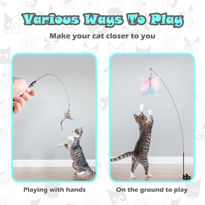 Interactive Cat Toys for Bored Indoor Adult Cats, 3 in 1 Cat Toys for Bored Cats,7 Pack Cat Teaser Cat Toys, Cats Toy Feather, Super Suction Cup Detachable with Balls and Birds