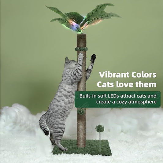 34" LED Cat Scratching Post, Attracts Cats with LED Light, Cat Furniture, Stable Base, Hanging Toy Balls for Large Cats and Kittens, 4 LED Light Settings, Green
