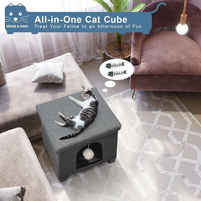 BRIAN & DANY Cat House for Indoor Cats, Cat Cave Bed for Pet, Cat Cube with Cat Scratch Board & Cat Ball, 14.7" x 14.1” x 12.7”, Gray
