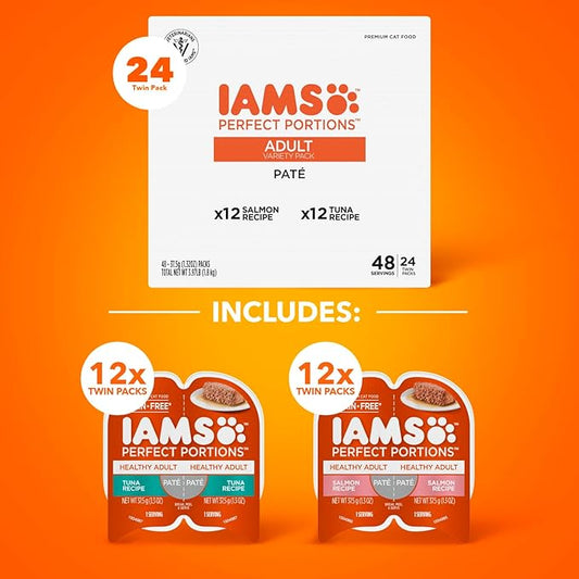 IAMS Perfect Portions Healthy Adult Wet Cat Food Pate, Salmon and Tuna Recipe Variety Pack, 2.6 oz. Twin-Pack Trays (24 Count, 48 Servings)