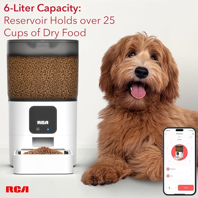 RCA Pet Rabbit, Cat & Dog Feeder, 6-Liters | Smart, WiFi, RCA App Control for Remote Feeding, Dishwasher Safe Bowls, Compatible with Alexa & Google, BPA-Free Materials