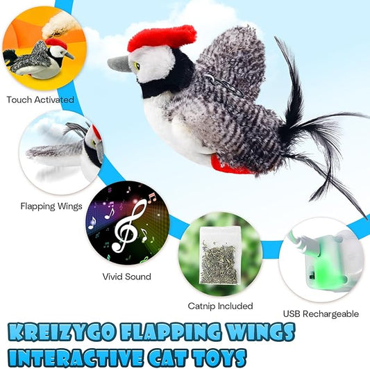 Cat Toys, Flapping Wings Woodpecker, No Flying, Chirping Bird Interactive Catnip Toy for Kitten or Small Dogs, Touch Activated, Rechargeable