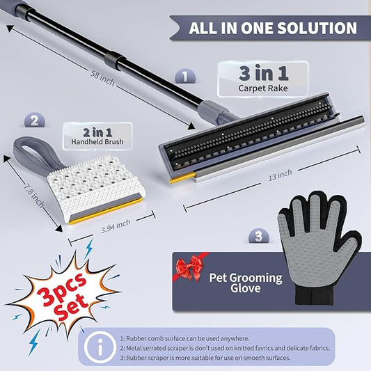 3 in 1 Carpet rake Kit for Pet Hair Removal Tool - Reusable Pet Hair Remover Broom w 58" Adjustable Long Handle, Dog & Cat Carpet Scraper, Pet Hair Remover for Rugs, Mats, Couch, Curtains(Gray)