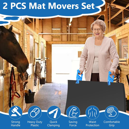 2 Piece Mat Movers Set, Heavy Duty Rubber Mat Grippers for Horse Stalls, Gym, Barn, Trailer, Stall Mat Handlers with Strong Handle and Plastic Teeth, Effortless Mat Puller for Tack Room, Barn