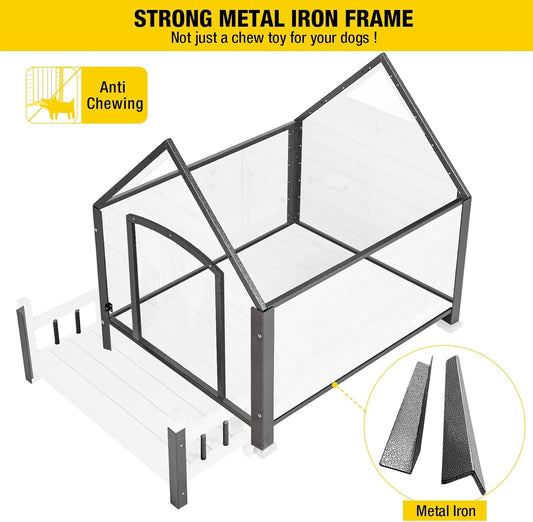 Aivituvin Dog House Outdoor with Metal Frame, Dog Kennel Outside for Small to Medium Breed, 45" Weatherproof Large Dog Shelter with Anti-Chewing Iron Frame, White (45" D x 32.9" W x 32.6" H)