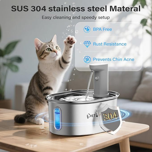 Wireless Cat Water Fountain Stainless Steel, 108oz/3.2L Cat Fountain Battery Operated, Automatic Cordless Water Fountains for Cats Indoor with Auto Shut Off Pump, Pet Water Dispenser for Cats Dogs