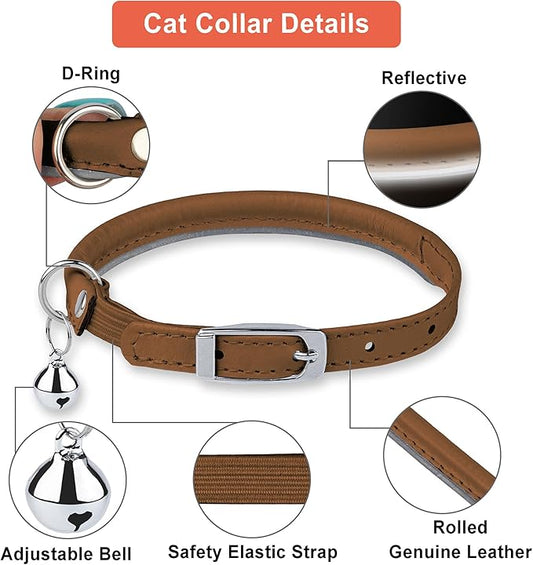 OOPSDOGGY Rolled Leather Cat Collar with Bell, Reflective Kitten Collars with Buckle Include Safety Elastic Strap - Adjustable Small Pet Collars for Boy Girl Cats (Beige)