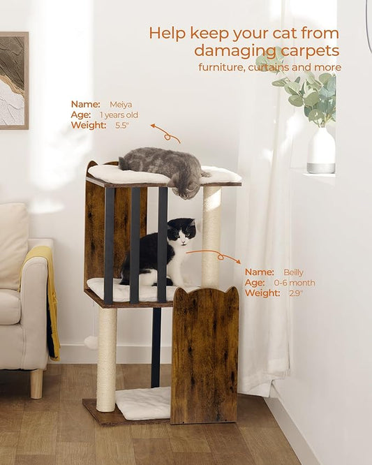 FourFurPets 35.4in 3-Tier Modern Cat Tree Tower Condo, Cat Scratch Posts for Indoor Cats, Big Plate, Two Full Sisal Scratching Posts, Rustic Brown