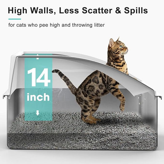 Stainless Steel Litter Box | XXL Deepened 8" Design Enclosed Cat Litter Box with Lid for Big Cats | High Sided, Anti-Urine Leakage | Non-Stick Bottom & Includes Litter Mat & Metal Scoop