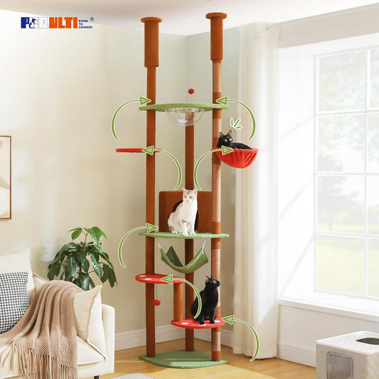 PEQULTI Floor to Ceiling Cat Tree 92.9’’-101.6’’ Height Adjustable Mushroom Cat Tower Tall Climbing Play House with Scratching Posts, Cozy Condo, Perches and Large Hammock for Indoor Cats Brown