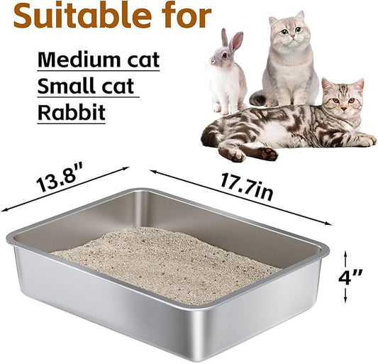 Stainless Steel Litter Box - Metal Cat Litter Box -4“ H Catlitter Boxes,Cat Litterbox Tray Pet Toilet Supplies for Indoor Kitty, Kitten, Rabbit, Puppy,No Stick Easy Clean-No Smell 2 Pack