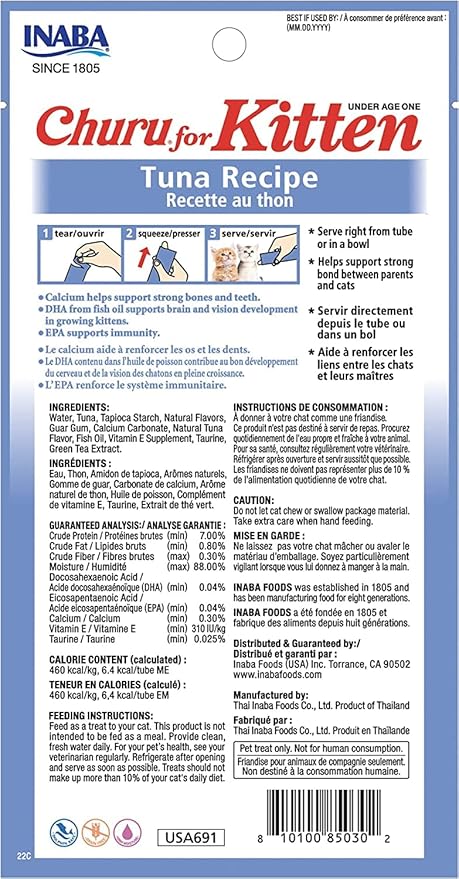 INABA Churu for Kittens, Grain-Free Creamy, Purée Lickable Cat Treats with DHA, EPA, Vitamin E & Taurine, 0.5 Ounces Each, 12 Tubes (4 per Pack), Tuna Recipe