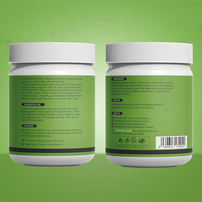 NOVEHA - Dog Ear Cleaner Wipes, Daily Ear Cleaner for Dogs & Cats - Stop Ear Itching with Aloe, Eucalyptus & Witch Hazel Ear Wipes for Dogs - for Odor Control, Dirt and Wax Removal, Unscented (300 Ct)