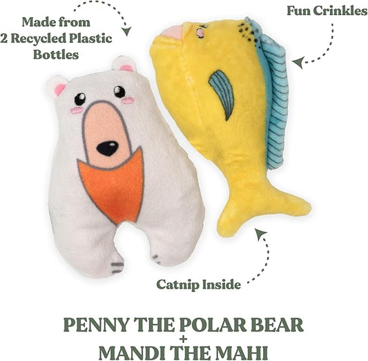 Global Collection Cat Toys | Mahi and Polar Bear Mixed Bundle | Value 2-Pack for Indoor Cats | Cute Interactive Plush Toys | Eco-Friendly & 100% Recycled Materials
