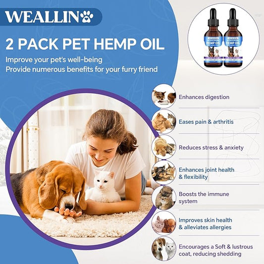 Hemp Seed Oil for Dogs and Cats - Omega-3, 6, 9 Rich Organic Extract - Eases Pet Anxiety, Pain, Skin & Coat Health - Stress Relief, Hip & Joint Support - Calming Treats (2 Pack)