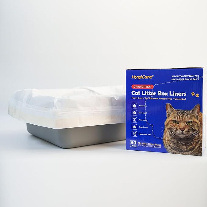 Pre-separated Cat Litter Box Liners, Jumbo Size, Heavy Duty, Sturdy Drawstring, Tear Resistant, Claw-proof, Unscented, 36"x18", 40 Count