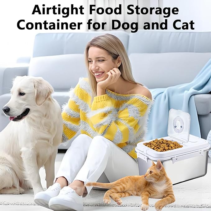 Sanbo Dog Food Storage Container Stainless Steel with Scoop, Airtight Pet Metal Food Storage Bin,Cat Food Canister,Storage Box with Date Tracker for Kitchen (Sliver, 10L)