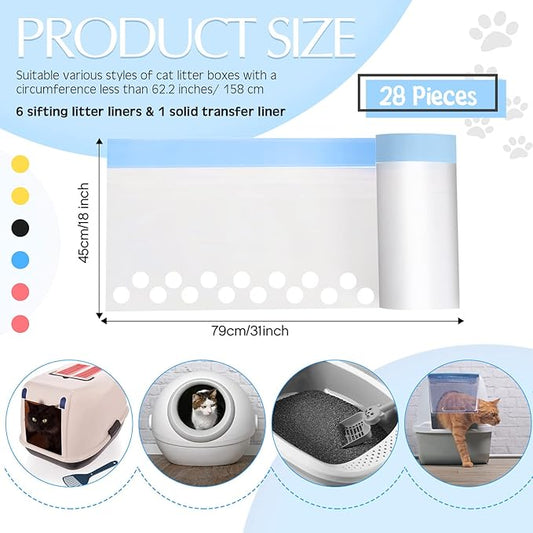 Jutom Sifting Litter Box Liners 28 Count, Drawstring Jumbo Sifting Cat Litter Bags with Holes, 31 x 18 Inch Portable Thick Scratch Resistant Drawstring Bags for Pet Cats