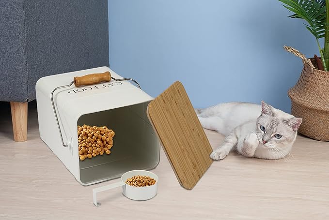 Cat Food storage container Cat Treats Jar,5~6 lb Metal food treats tin for Cat, pet snacks Canisters with wooden lid/handle/sevice scoop-White