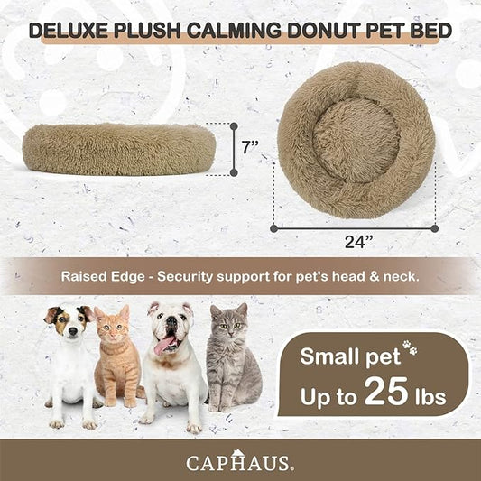 CAPHAUS 24/30 Inch Calming Donut Pet Bed for Small/Medium Cats and Dogs, Anti-Slip Bottom, Washable, Anti-Anxiety Fluffy Round Cat Bed, Indoor Shaggy Cuddler Cotton Candy Brown, Light Gray, Pink Bed