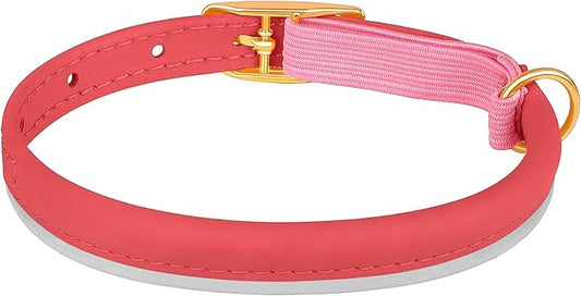 OOPSDOGGY Rolled Leather Cat Collar with Bell - Reflective Kitten Collar with Safety Elastic Strap - Adjustable Small Pet Collars for Boy Girl Cats (Pink)